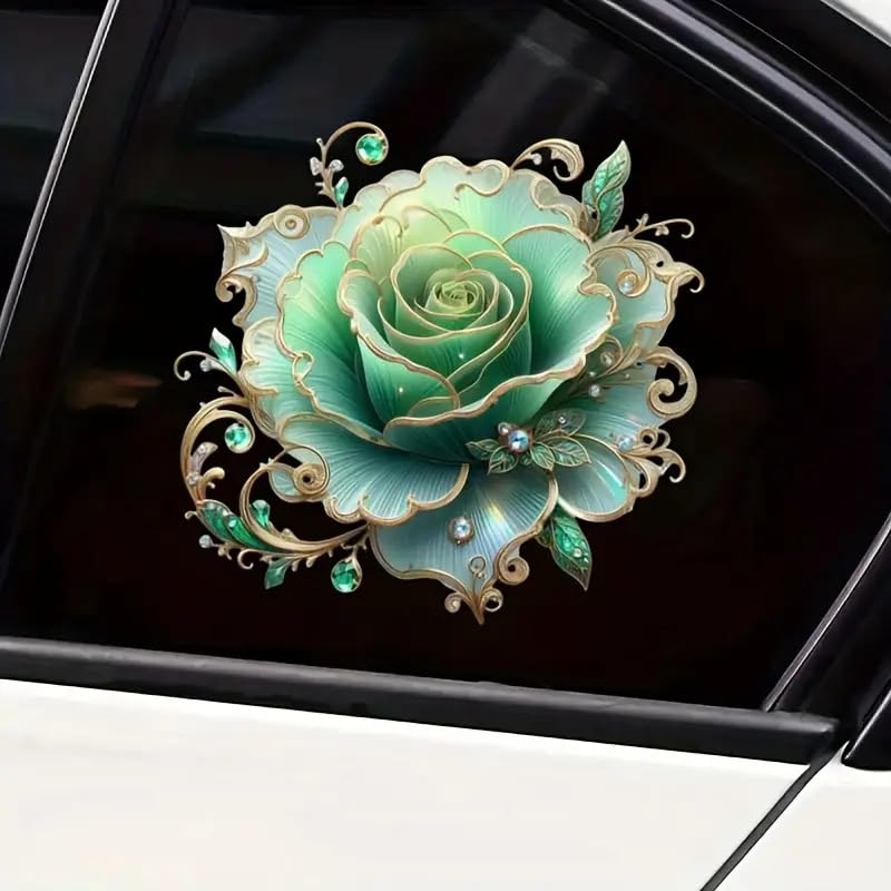 Waterproof Green Rose Floral PVC Car Decals for Laptops & More
