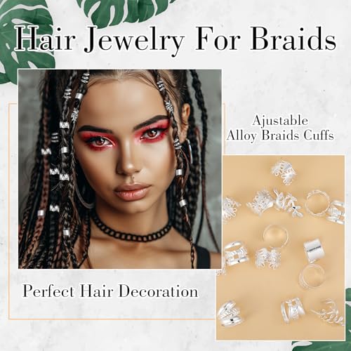 Mabor Silver Hair Cuffs for Braids - 40Pcs Adjustable Metal Dreadlock Rings