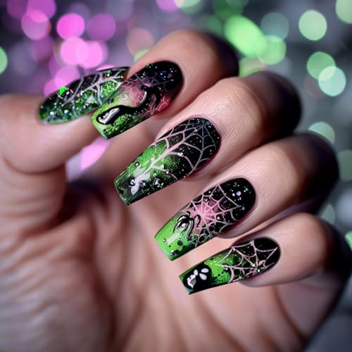 Halloween Press on Nails Medium Ballet Spider Web Glossy Green 24Pcs