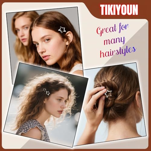 TIKIYOUN 40 Pcs Y2K Star Hair Clips Set - Silver Metal Non-Slip Snap Barrettes for Women and Girls