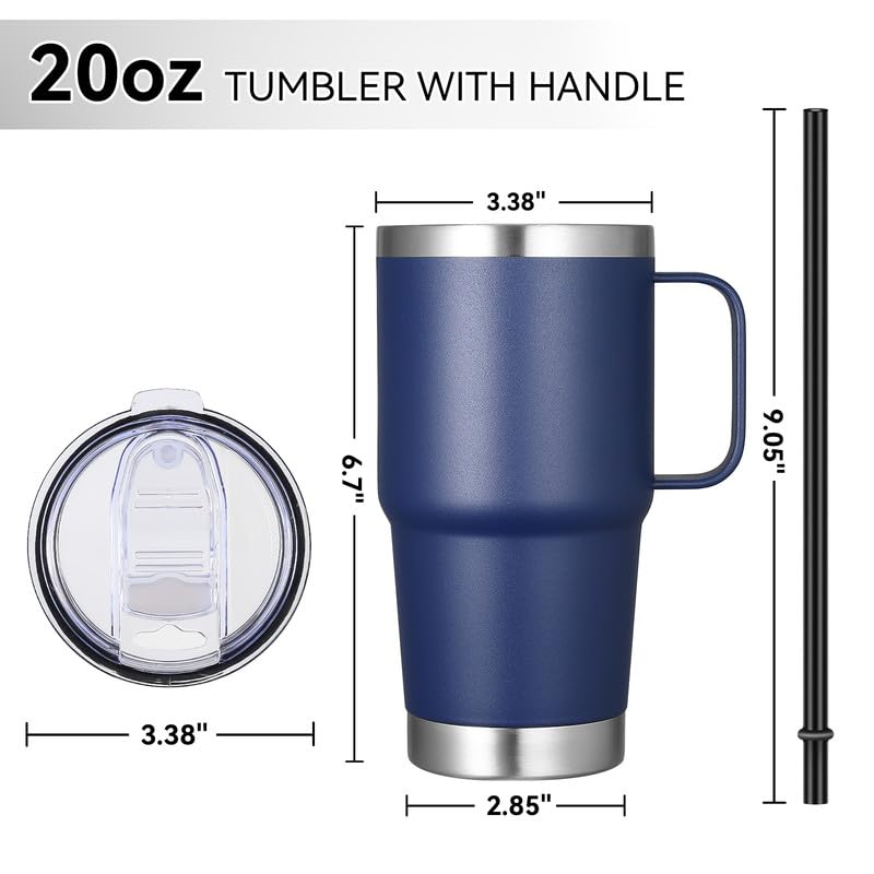 VEGOND 20 oz Tumbler Bulk with Handle Lid and Straw, Stainless Steel Insulated Travel Coffee Mug Set, Spill Proof Double Wall Metal Tumblers Cups, Powder Color Navy Blue 12 Pack