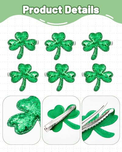 Glitter Shamrock Green Hair Clips - 6 Pack St. Patrick's Day Hairpins