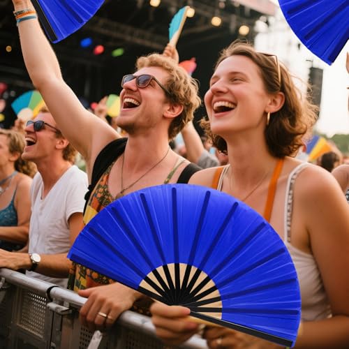 13-Inch Large Handheld Folding Rave Fan for Line Dancing - Blue