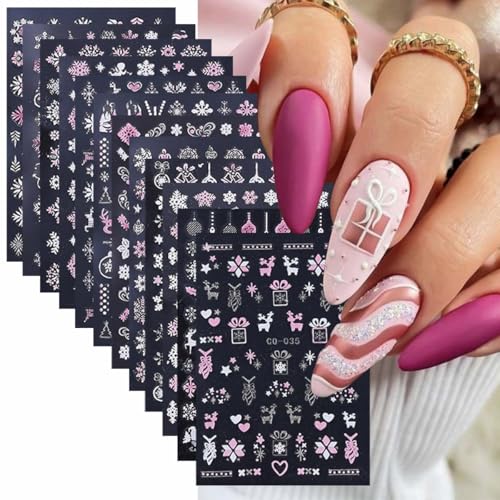SWEET TREND 12pcs Christmas Nail Stickers - Matte Self-Adhesive Snowflake & Reindeer Holiday Manicure Decals