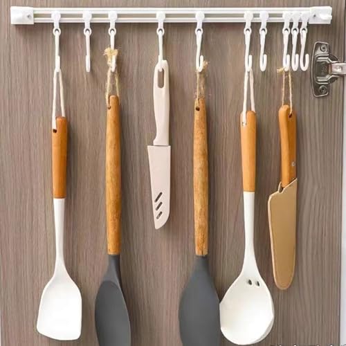 2Pcs 40cm Adhesive Sliding Rail Hook Rack - No-Drill Wall Utensil Hanger