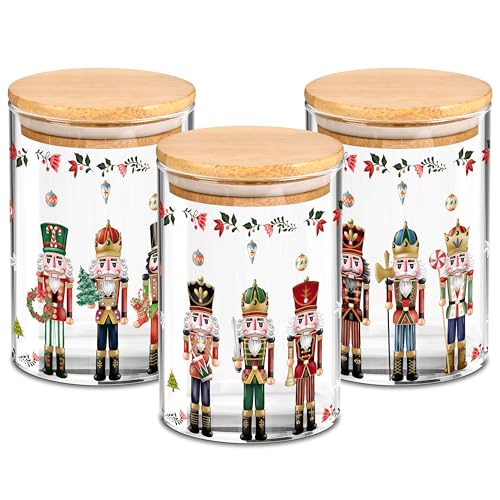Gold Nutcracker Christmas Glass Storage Jars Set with Lids - 3 Pack