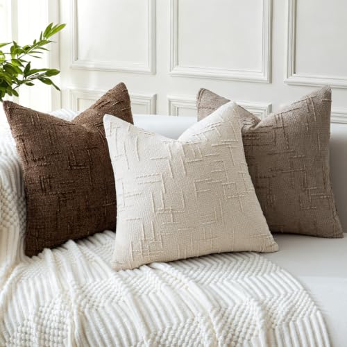 VISIONTEX Textured Chenille Throw Pillow Covers, 18x18 Beige Set of 2