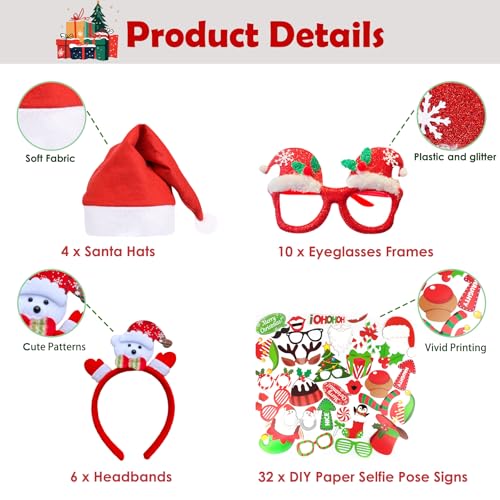 Christmas Photo Booth Props Kit 52 Pcs with Glitter Glasses Hats Signs - Holiday Party Decorations