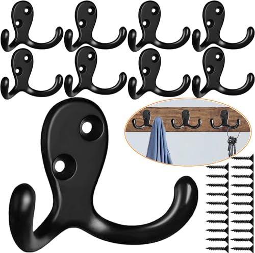 10pcs Black Heavy Duty Coat Hooks – Wall Mounted Double Robe Hooks
