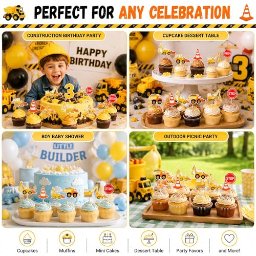 24 Pcs Construction Cupcake Toppers - Excavator & Truck Decorations