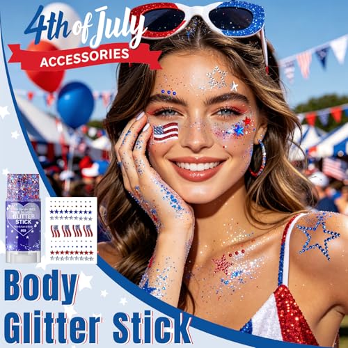 4th of July Face Glitter Stick and Rhinestone Gem Stickers Patriotic Makeup