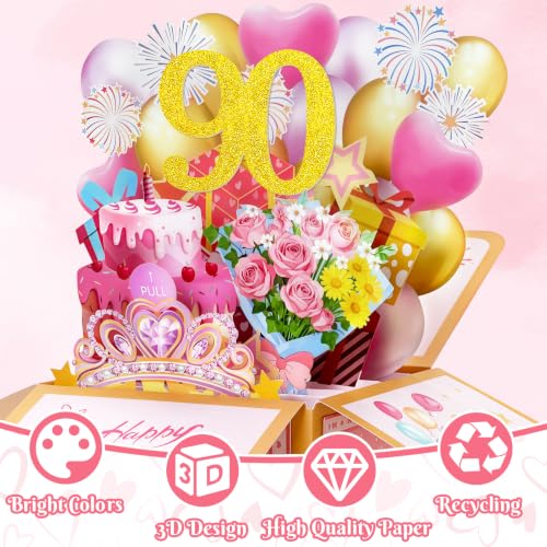 90th Birthday Card for Women - Pull-Out Pop Up Design