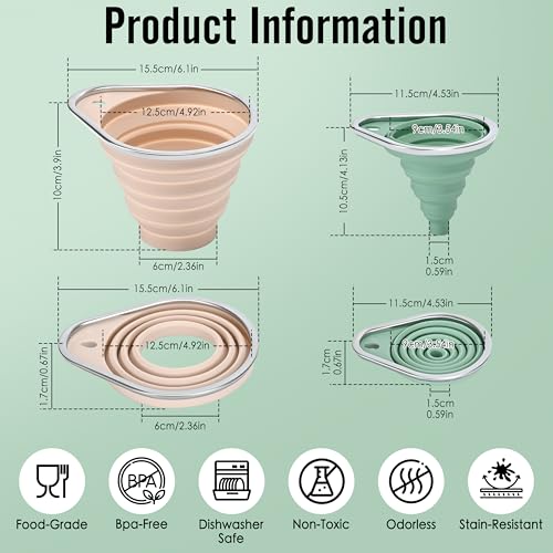 Stainless Steel Rim Silicone Collapsible Funnel Set - Large & Small Green