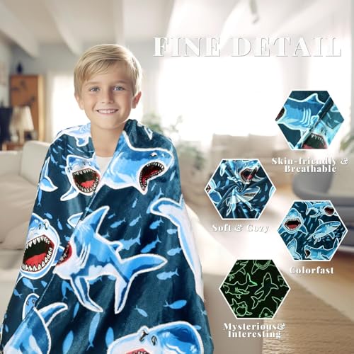 Glow in the Dark Shark Blanket for Kids - Soft Toddler Throw 40"x60"