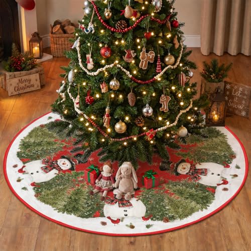 Red Christmas Tree Skirt 60 Inch for 7.5-9ft Trees Snowman Cedar Cardinals