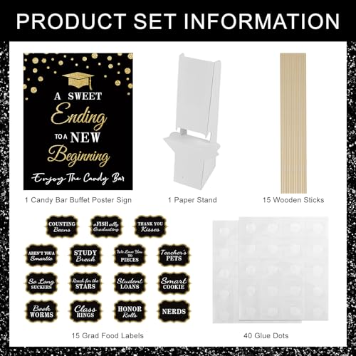 Graduation Candy Buffet Labels Set - Black and Gold Party Decor
