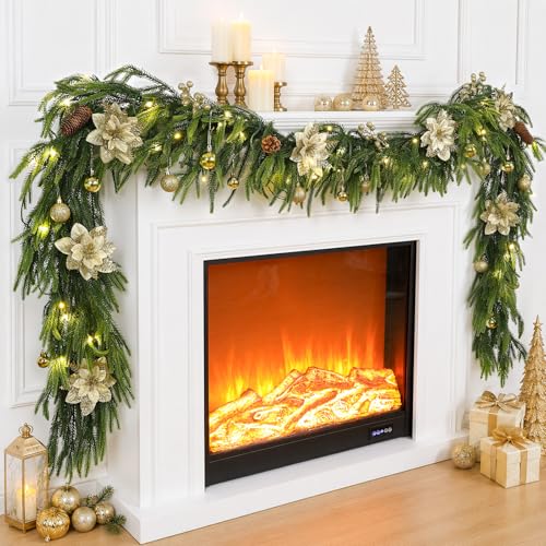 Green 9FT Christmas Prelit Norfolk Pine Garland with Lights & Decorations