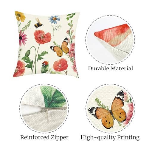 Joymaison Flower-03 Red Floral Butterfly Throw Pillow Covers Set of 4 18x18
