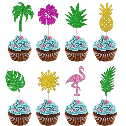 40PCS Tropical Cupcake Toppers - Glitter Hawaiian Cake Picks