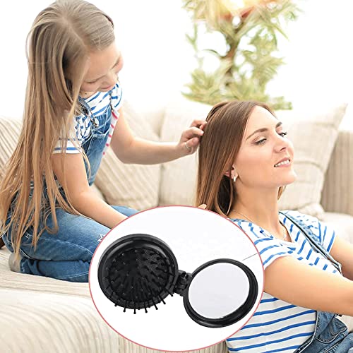 Serrale Folding Travel Hair Brush with Mirror Compact Mini Round Comb Black