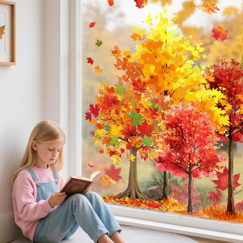 Fall Tree Window Clings - 9 Sheets Autumn Maple Leaf Glass Decals