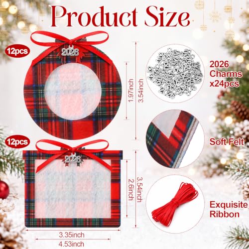 Red Felt Christmas Photo Frame Set with Plaid Design, 24 Pieces