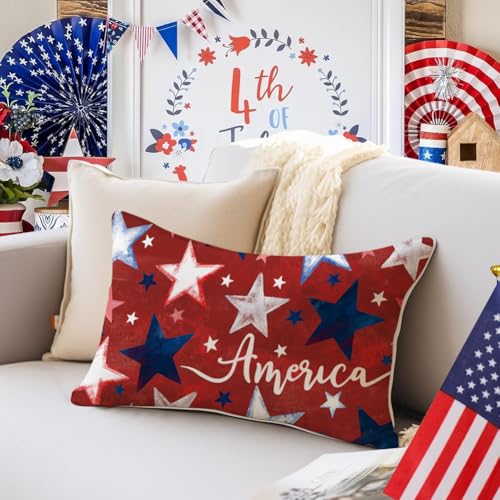 4th of July Patriotic Pillow Cover 12x20 Red Star America Decor