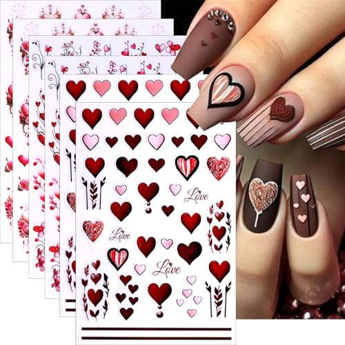Valentine Nail Art Stickers 6 Sheets Wine Red Heart Rose Decals