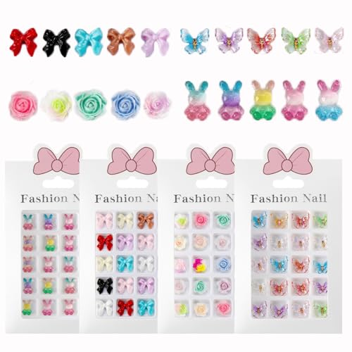 80Pcs 3D Resin Nail Charms Camellia Flowers Bows Rabbits & Butterflies
