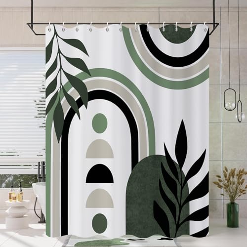 Mid Century Boho Shower Curtain, Green White Black, 72" x 72"