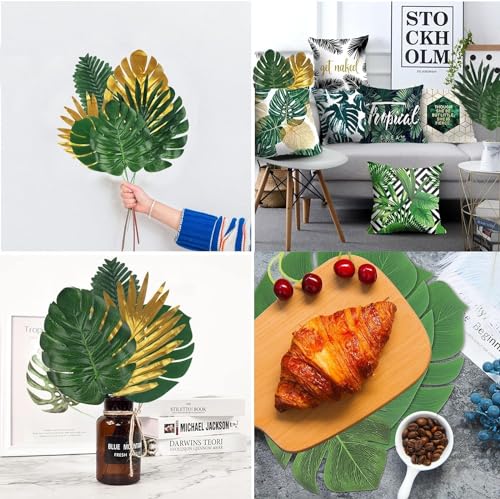 50pcs Artificial Palm Leaves Set, Green & Gold Tropical Jungle Decor