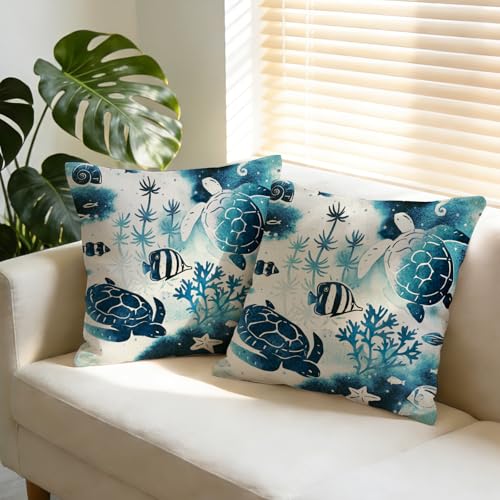 Under The Sea Turtle Decorative Pillow Covers - 18x18 Set of 2