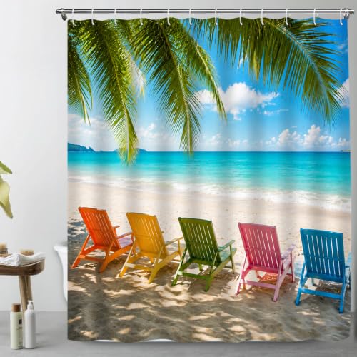 Colorful Beach Shower Curtain 70" x 70" - Tropical Palm & Ocean Scene
