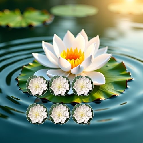 Set of 6 Large White Artificial Lotus Flowers with Lily Pads