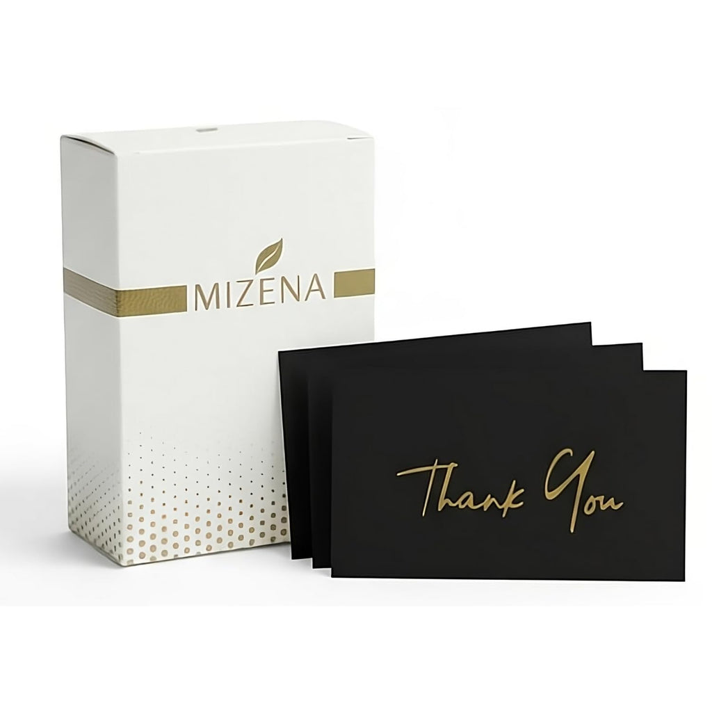 MIZENA Thank You Cards 100 Pack – 3.5x2” Black Cards with Gold Hot Foil – Ultra Thick 350 GSM Premium Thank You Inserts for Small Business Packaging & Wedding Gifts – Blank White Back