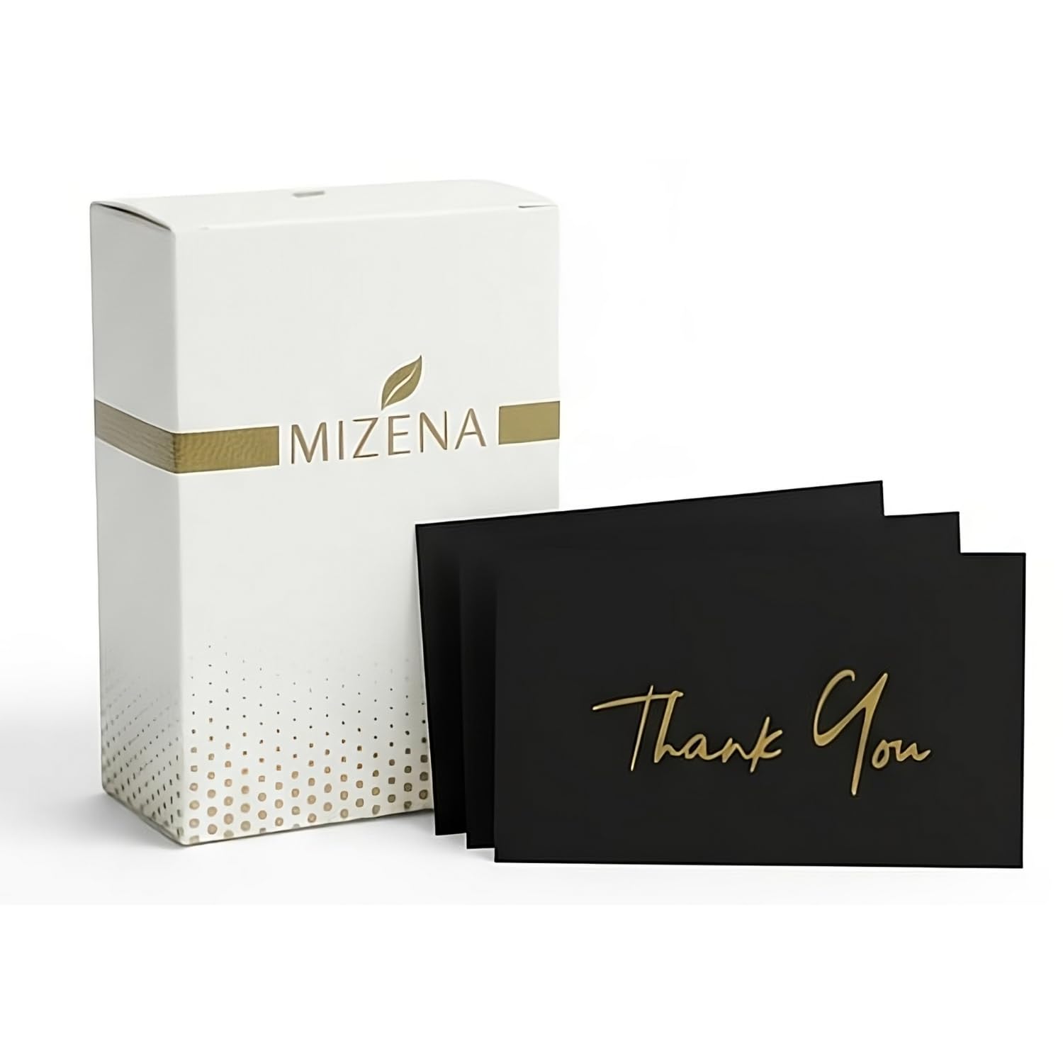 MIZENA Thank You Cards 100 Pack – 3.5x2” Black Cards with Gold Hot Foil – Ultra Thick 350 GSM Premium Thank You Inserts for Small Business Packaging & Wedding Gifts – Blank White Back