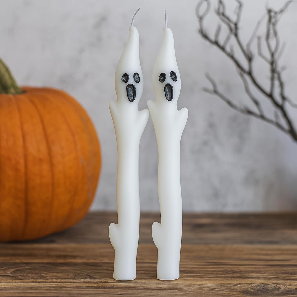 Skiennix Halloween Ghost Candles Set - Cute Spooky White Taper Candles for Haunted House Decor | 2PCS