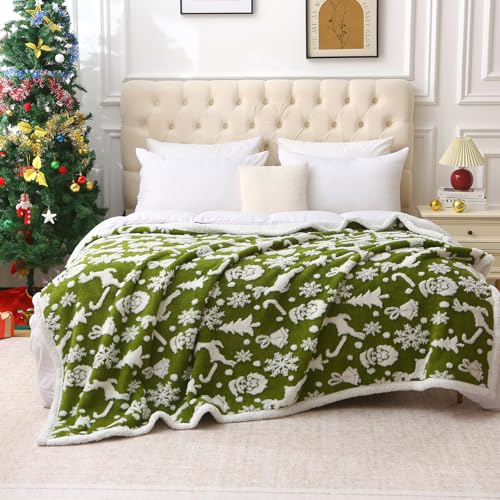 Christmas Green Knitted Sherpa Throw Blanket - 60x80 Inches with Variation Xmasgreen