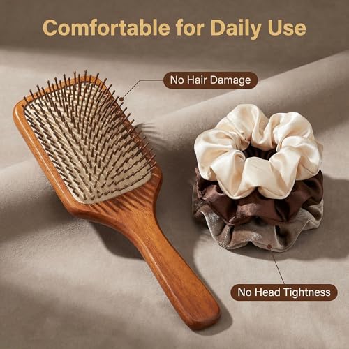 Wooden Hair Brush Set with Satin Scrunchies and DIY Stickers