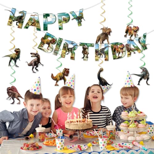 Dinosaur Birthday Decorations Set - Happy Birthday Banner & 8 Swirls