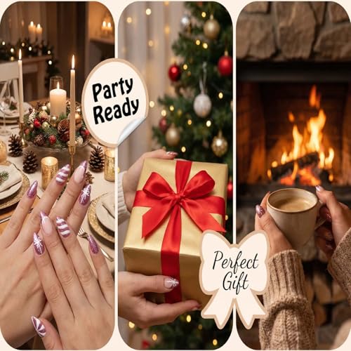 Christmas Press on Nails Medium Almond Fake Nails with Purple Glitter