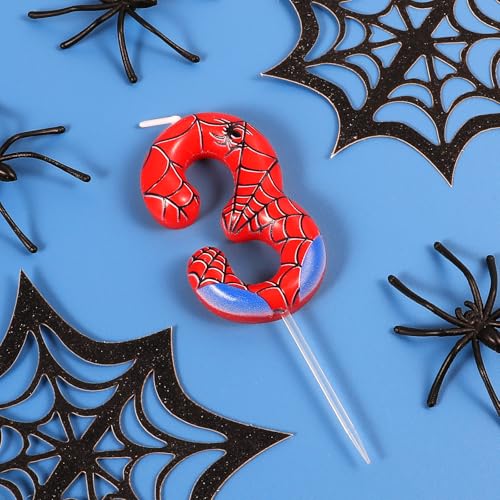 Spider Number 3 Birthday Candle - Red & Blue Web Cake Topper for Party