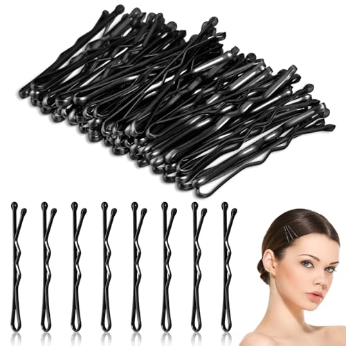 HJZHII Mini Black Bobby Pins 50pcs - 1.37 Inch Metal Wavy Hair Clips for Updos Buns