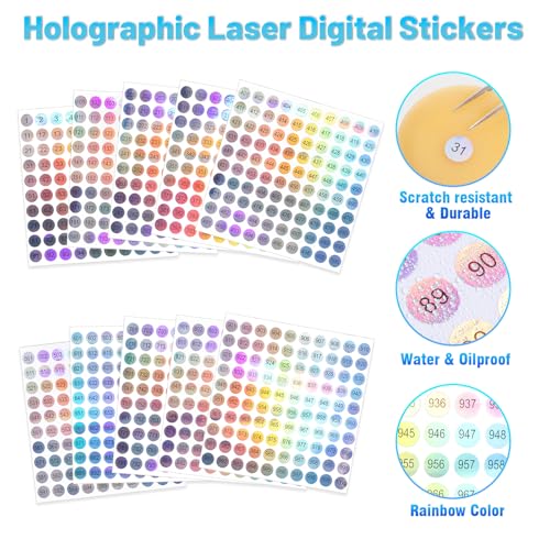 Bremorou 1-1000 Consecutive Number Stickers - 10mm Holographic Self-Adhesive Labels for Nail Polish & Inventory