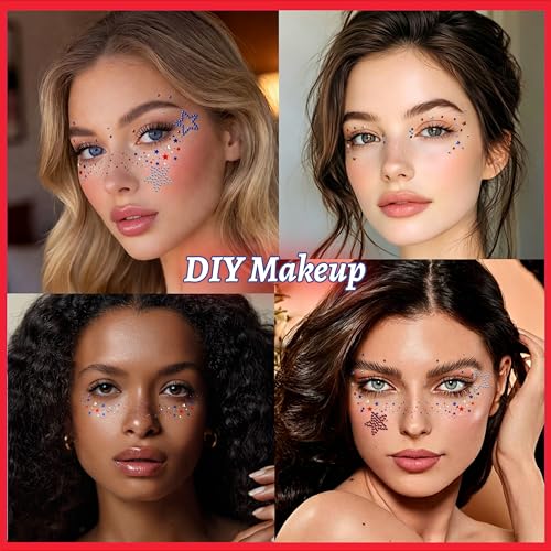 LuLuTone 9 Pcs 4th of July Face Gems and Star Glitter Freckles Tattoos