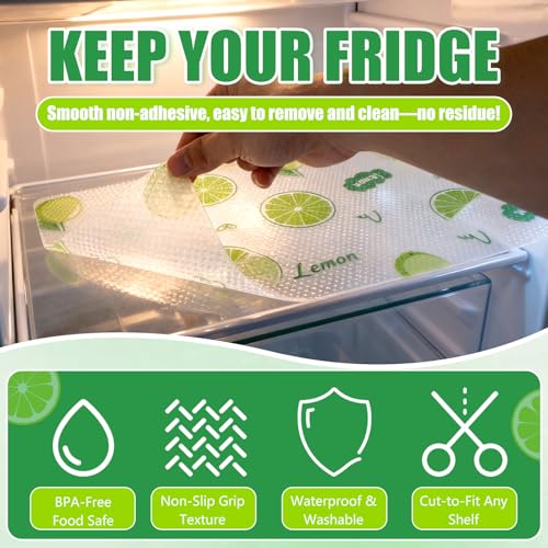Seaped 8 Pcs Green Lemon Refrigerator & Drawer Liners - Washable, Non-Adhesive, Food-Grade EVA