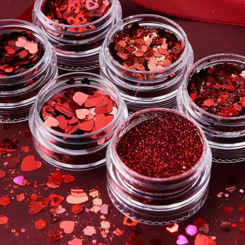 Valentine Heart Nail Art Glitter Sequins 6-Jar Set for DIY Manicures