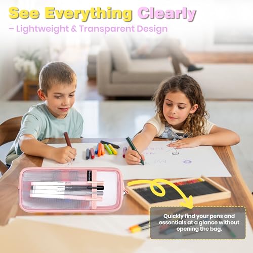 Hsmihair Clear Mesh Pencil Case Large Pink Pen Pouch Organizer
