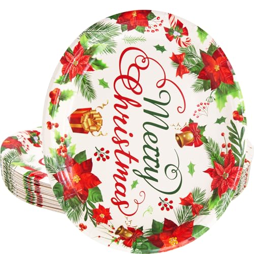 Christmas Paper Plates 24 Pack - Holiday Disposable Serving Plates with Poinsettia Design