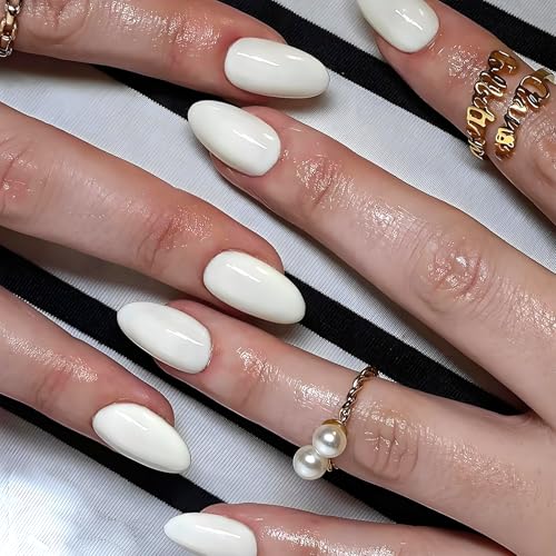 AddFavor Short Almond Press on Nails White Glossy Fake Nails Kit